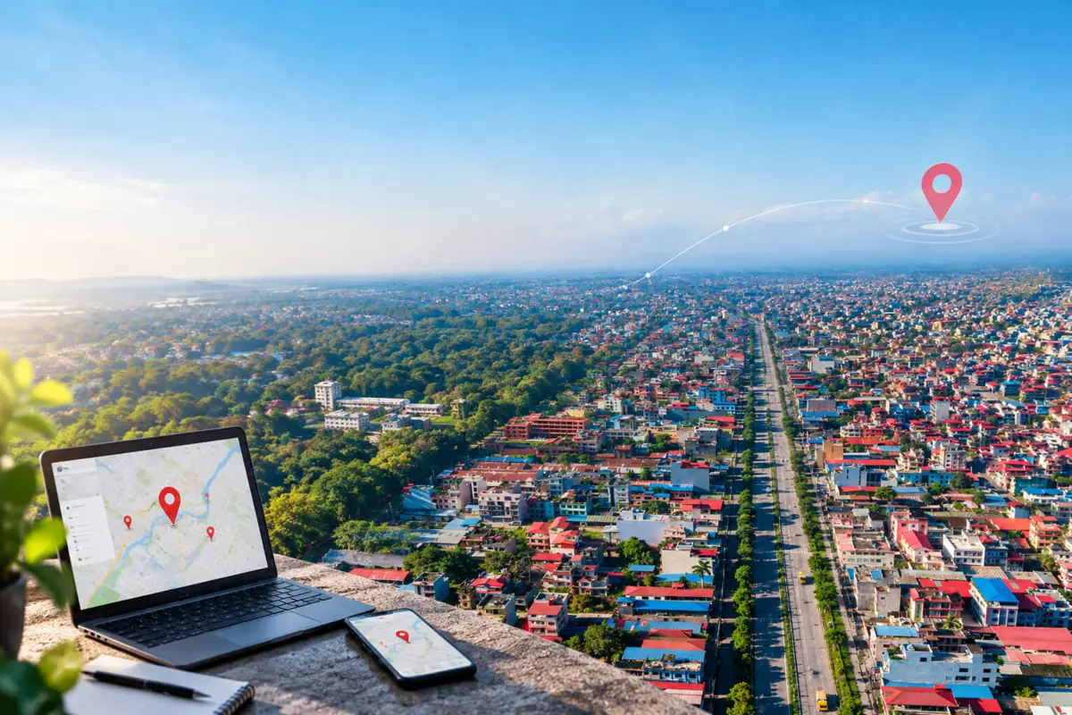 Laptop and phone showing Google Maps location pins above a city, illustrating local SEO for Butwal businesses